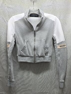 Maniere De Voir, Gray/White Cropped, Zip, Bomber Jacket, Collar, Pockets, Sz 6